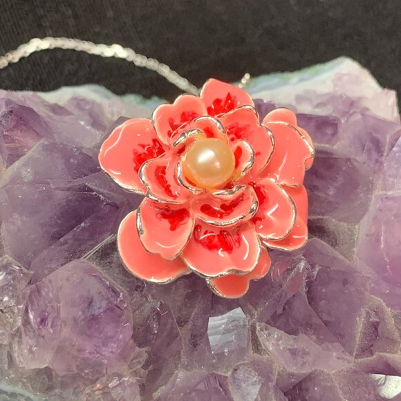 Salmon Pink Enamel & Pearl Flower Necklace Sterling Silver Vantel Pearls J224 - Picture 2 of 4